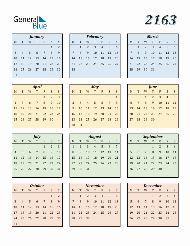 Calendar for 2163 (Monday Start)
