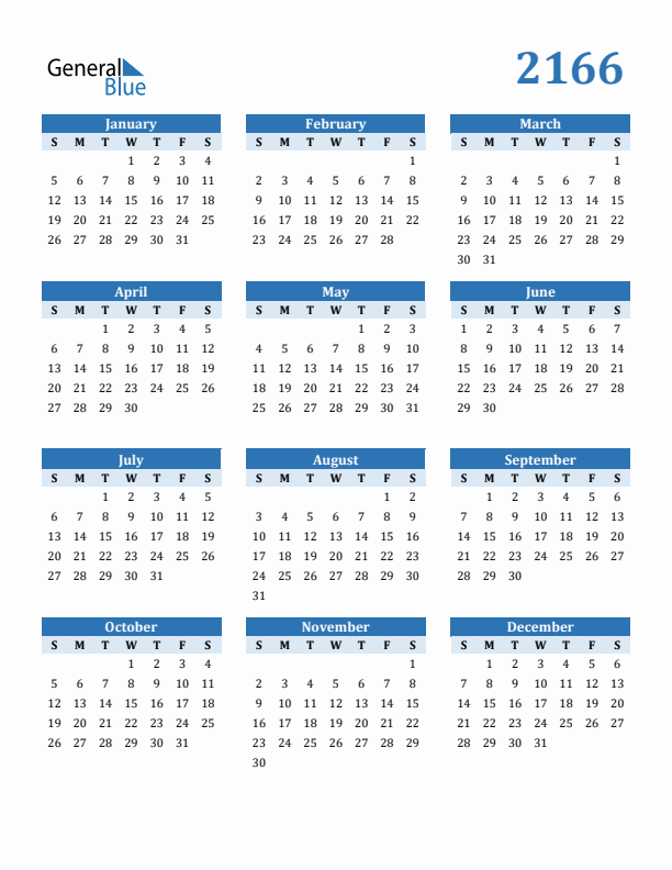 2166 Year Calendar with Sunday Start