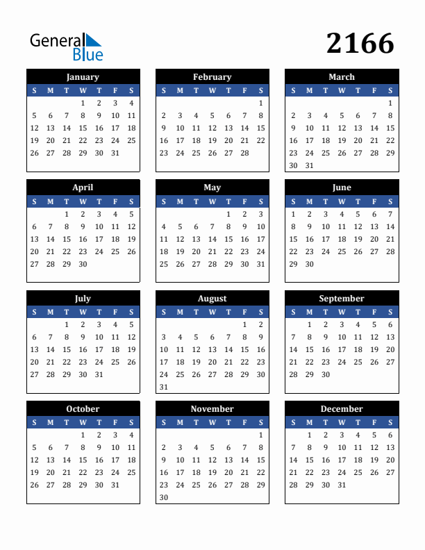 Editable Calendar 2166 - Sunday Start