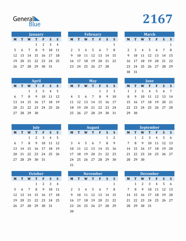 2167 Year Calendar with Monday Start