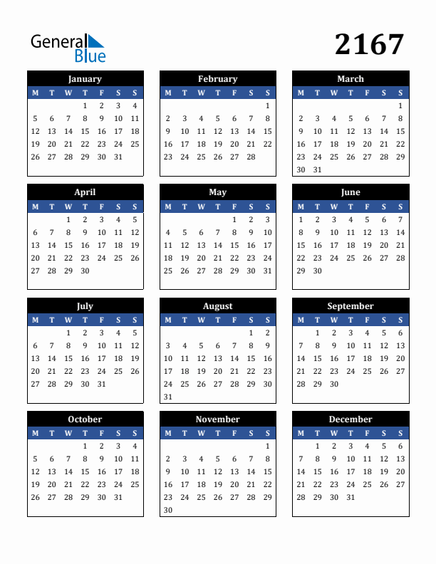 Editable Calendar 2167 - Monday Start
