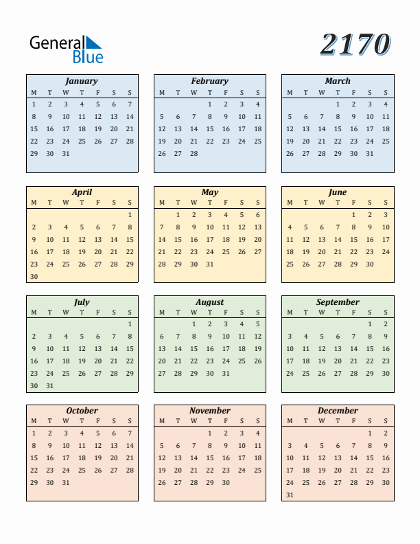 Calendar for 2170 (Monday Start)
