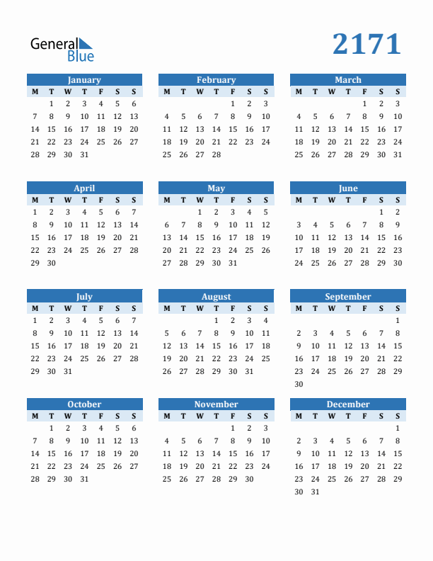 2171 Year Calendar with Monday Start