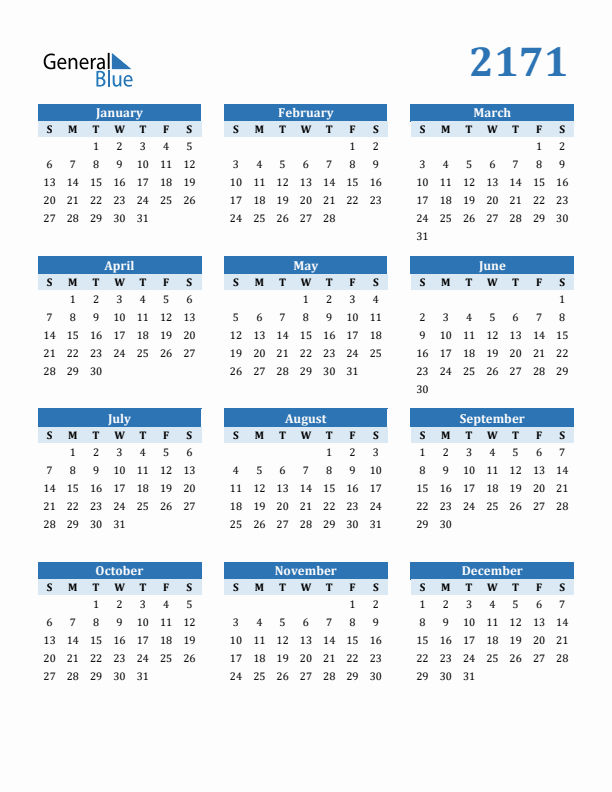 2171 Year Calendar with Sunday Start