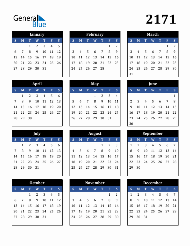 Editable Calendar 2171 - Sunday Start