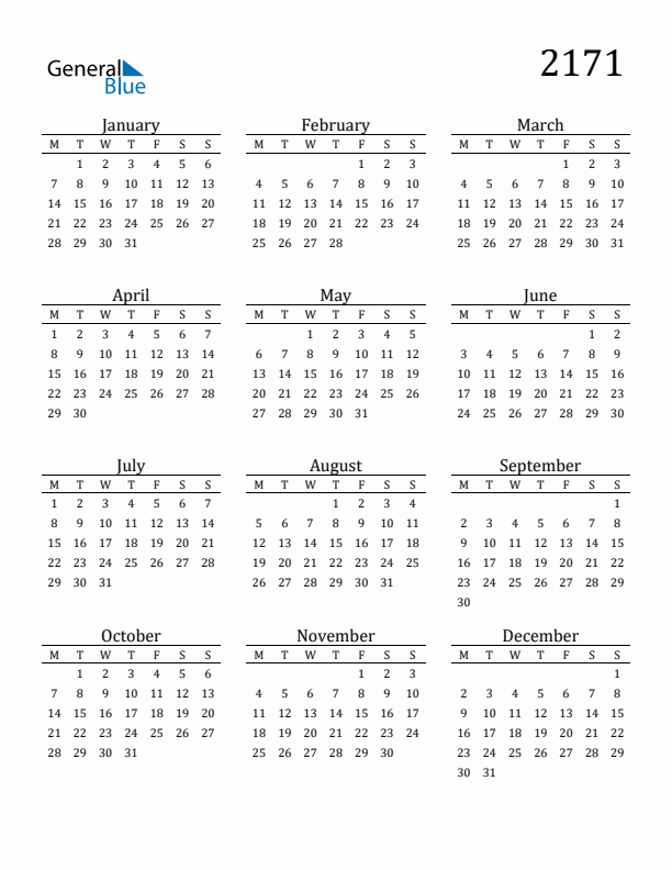 Free Printable Calendar 2171 with Monday Start