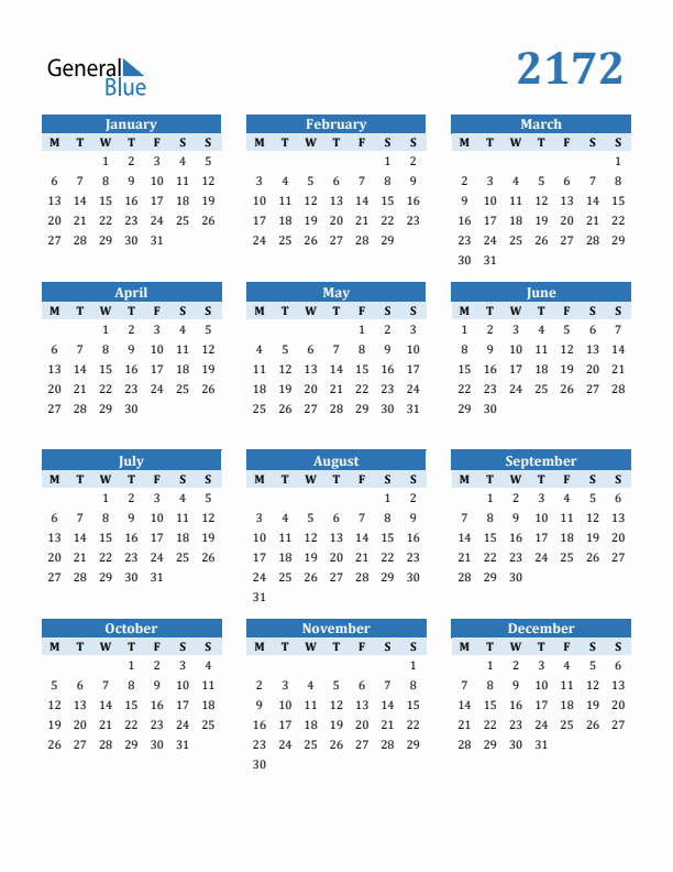 2172 Year Calendar with Monday Start