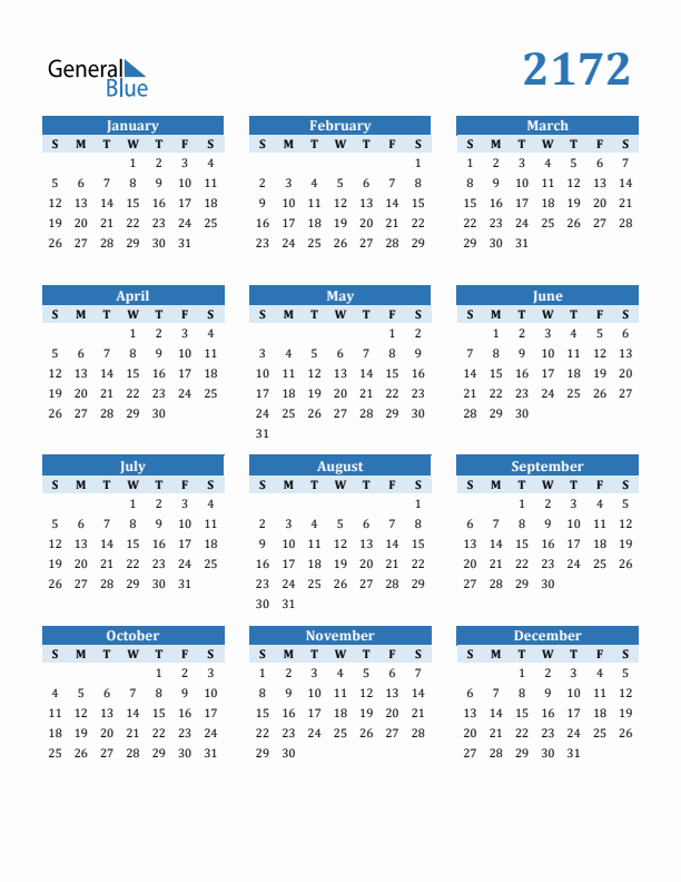 2172 Year Calendar with Sunday Start