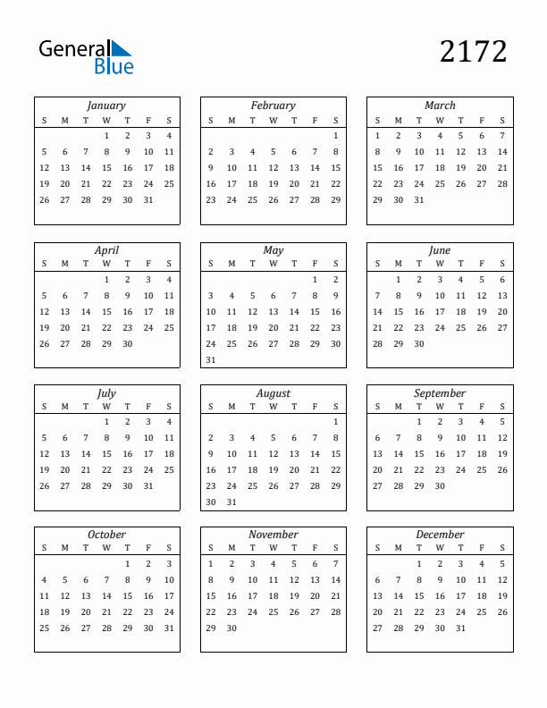Blank Calendar 2172