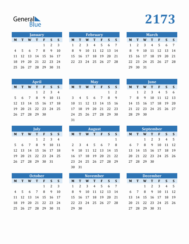 2173 Year Calendar with Monday Start