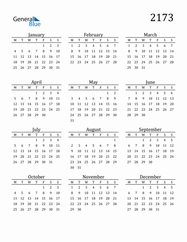 Free Printable Calendar 2173 with Monday Start