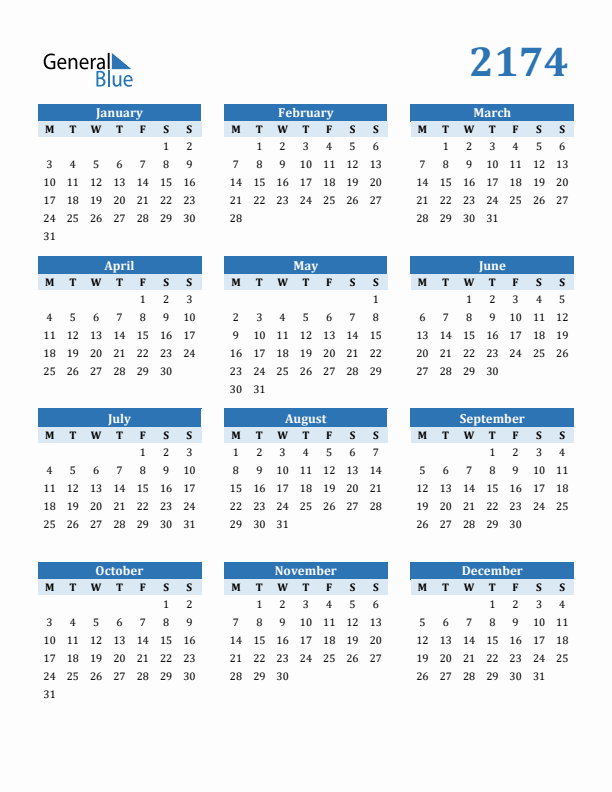 2174 Year Calendar with Monday Start
