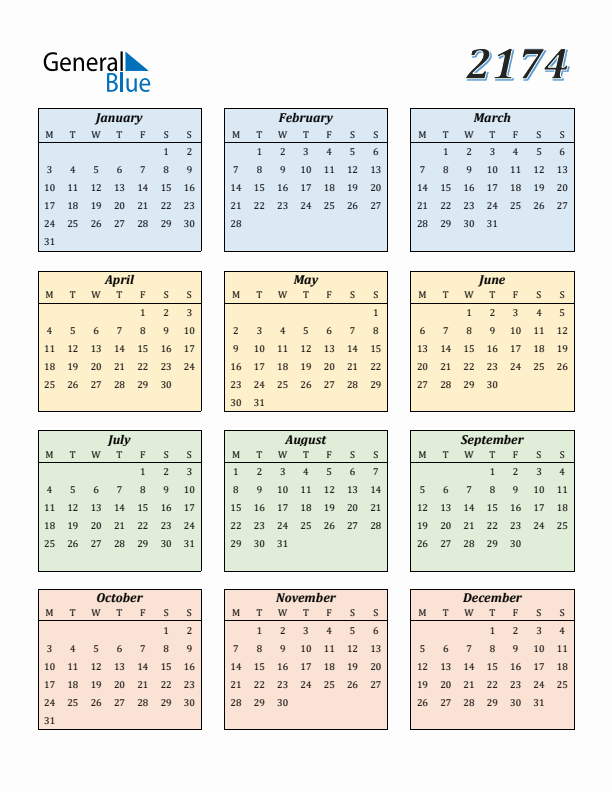 Calendar for 2174 (Monday Start)