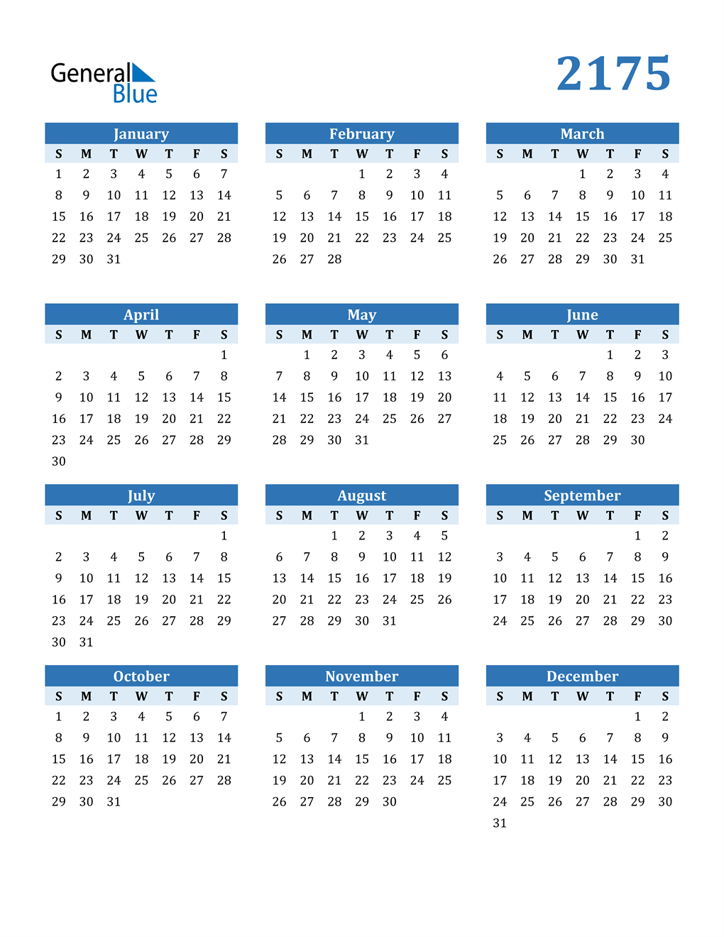 2175 Calendar (PDF Word Excel)
