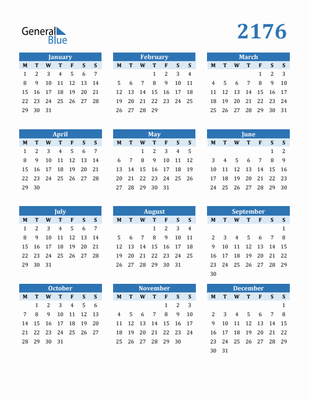 2176 Year Calendar with Monday Start