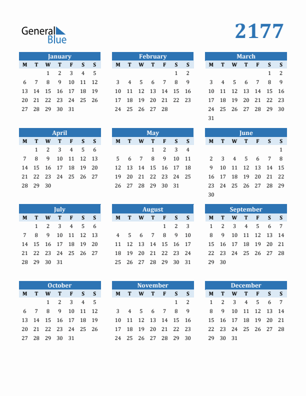 2177 Year Calendar with Monday Start