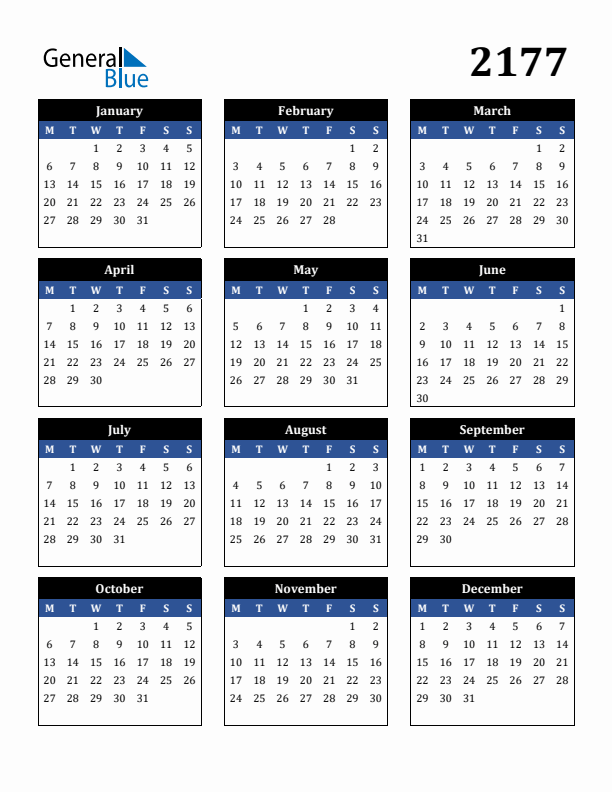 Editable Calendar 2177 - Monday Start
