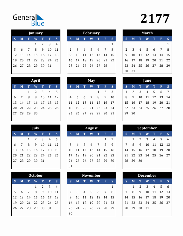 Editable Calendar 2177 - Sunday Start