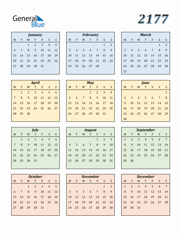 Calendar for 2177 (Monday Start)