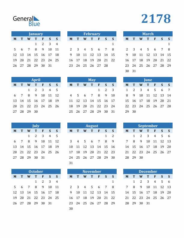 2178 Year Calendar with Monday Start