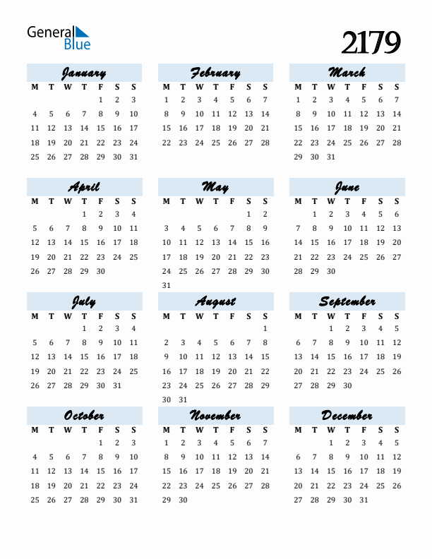 Calendar 2179 Free Download and Print