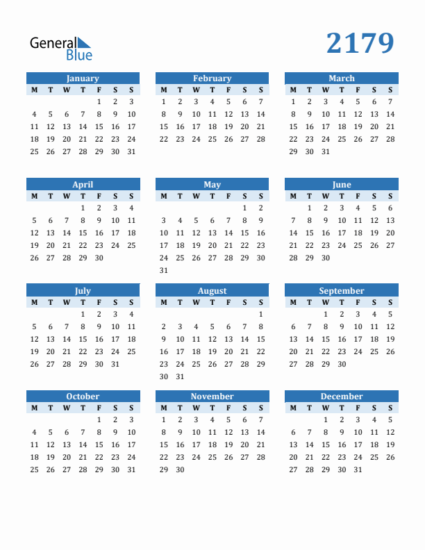 2179 Year Calendar with Monday Start