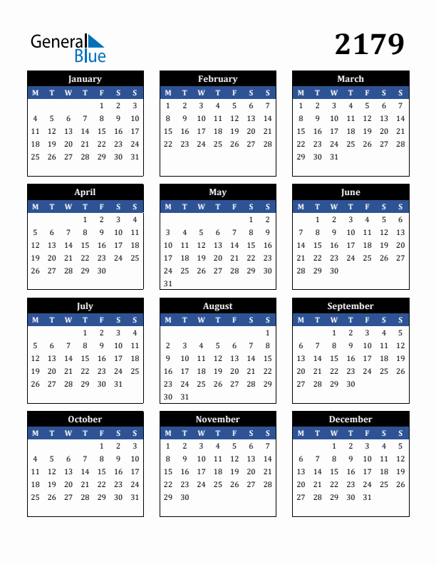 Editable Calendar 2179 - Monday Start