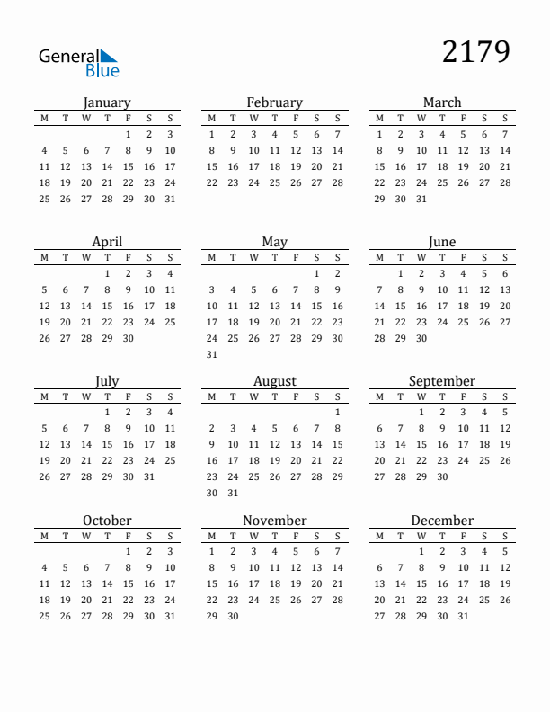 Free Printable Calendar 2179 with Monday Start