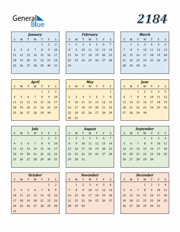Calendar for 2184 (Sunday Start)