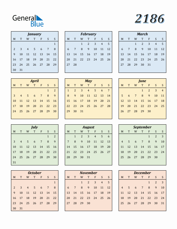 Calendar for 2186 (Monday Start)