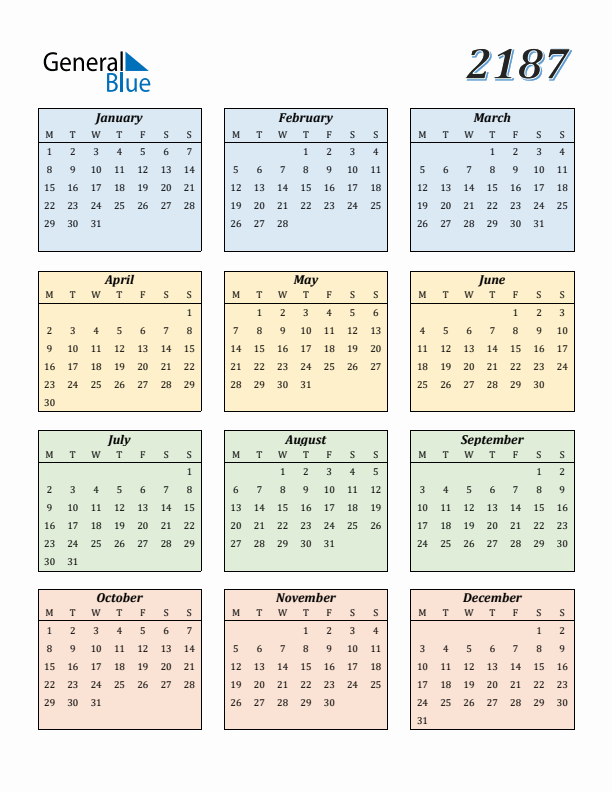 Calendar for 2187 (Monday Start)
