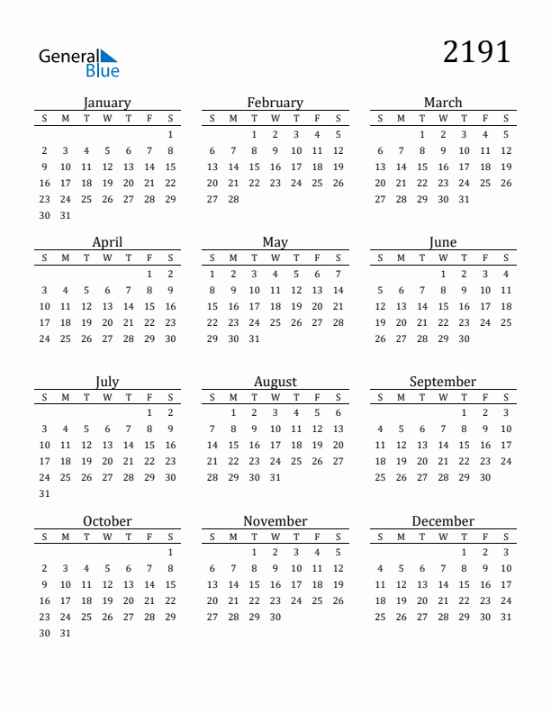 Free Printable Calendar 2191 with Sunday Start