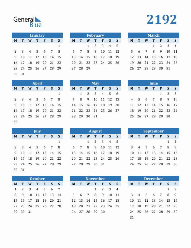 2192 Year Calendar with Monday Start