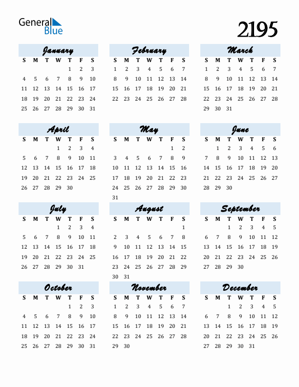 Calendar 2195 Free Download and Print