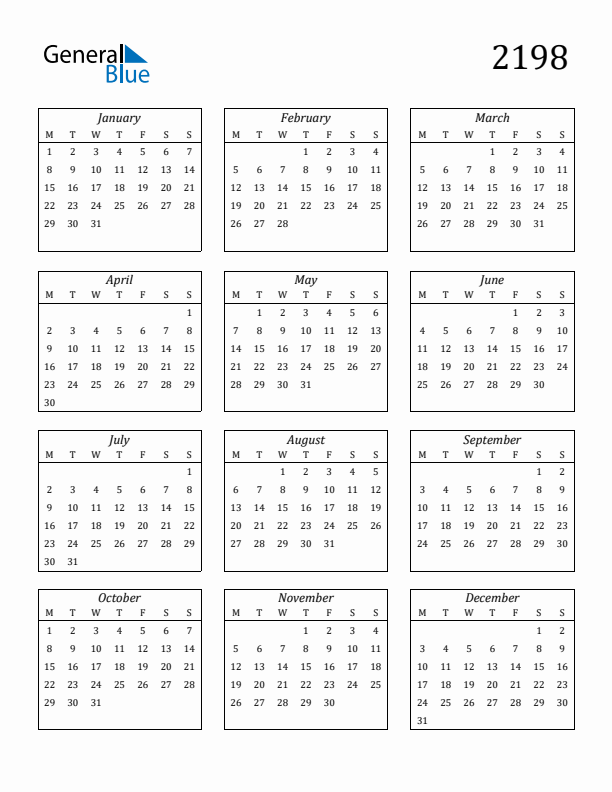 Blank Calendar 2198