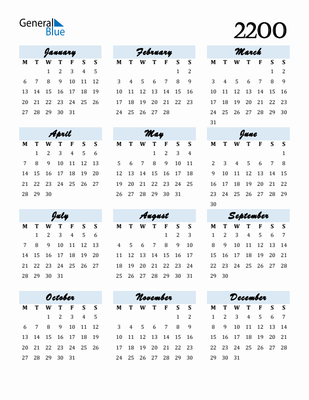 2200 Yearly Calendar Templates with Monday Start