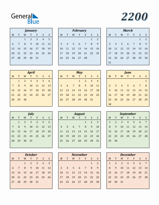 Calendar for 2200 (Monday Start)