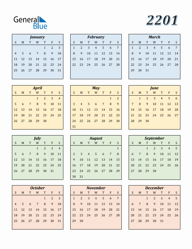 Calendar for 2201 (Sunday Start)