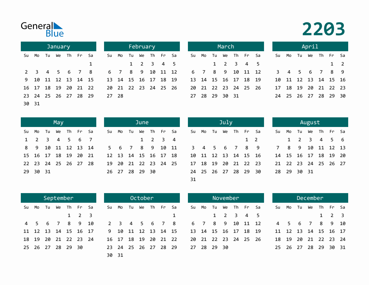 2203 Full-Year Calendar