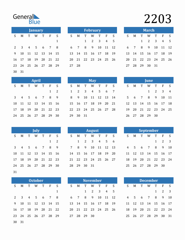 Free 2203 Calendars in PDF, Word, Excel