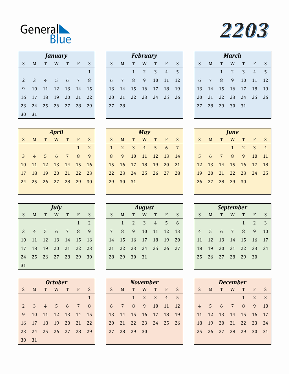 Calendar for Year 2203