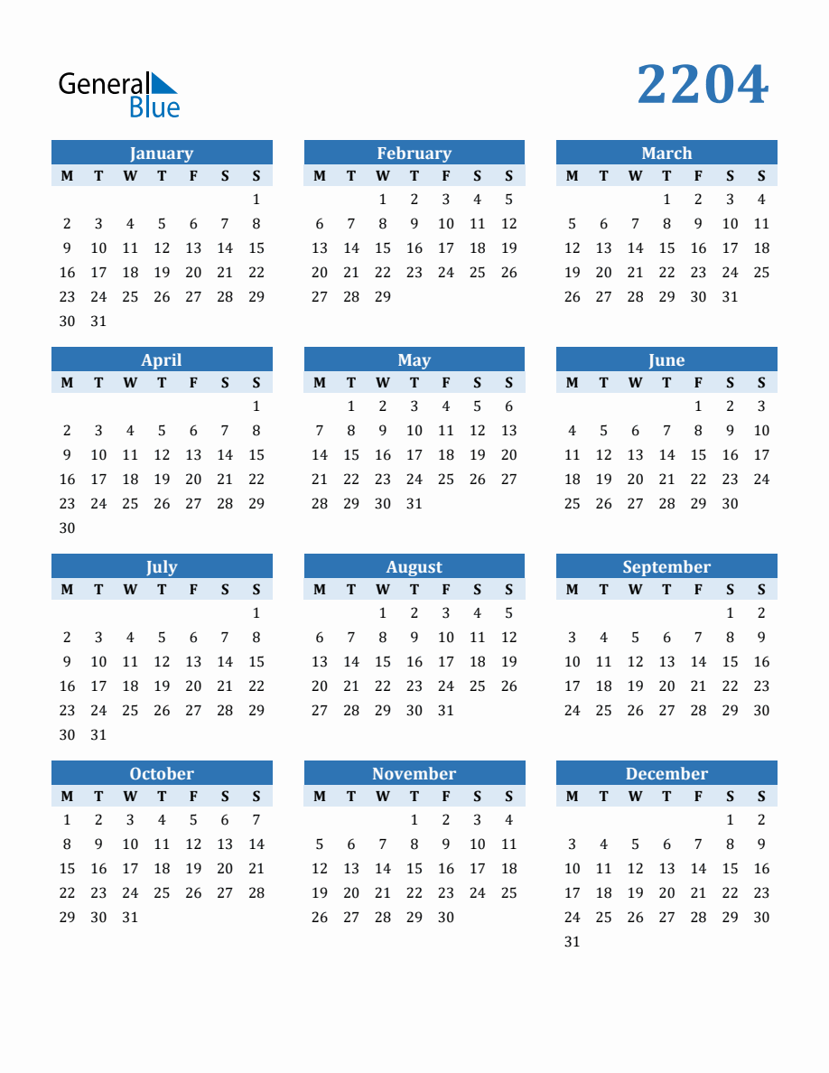 Free 2204 Year Calendar in PDF, Word, and Excel