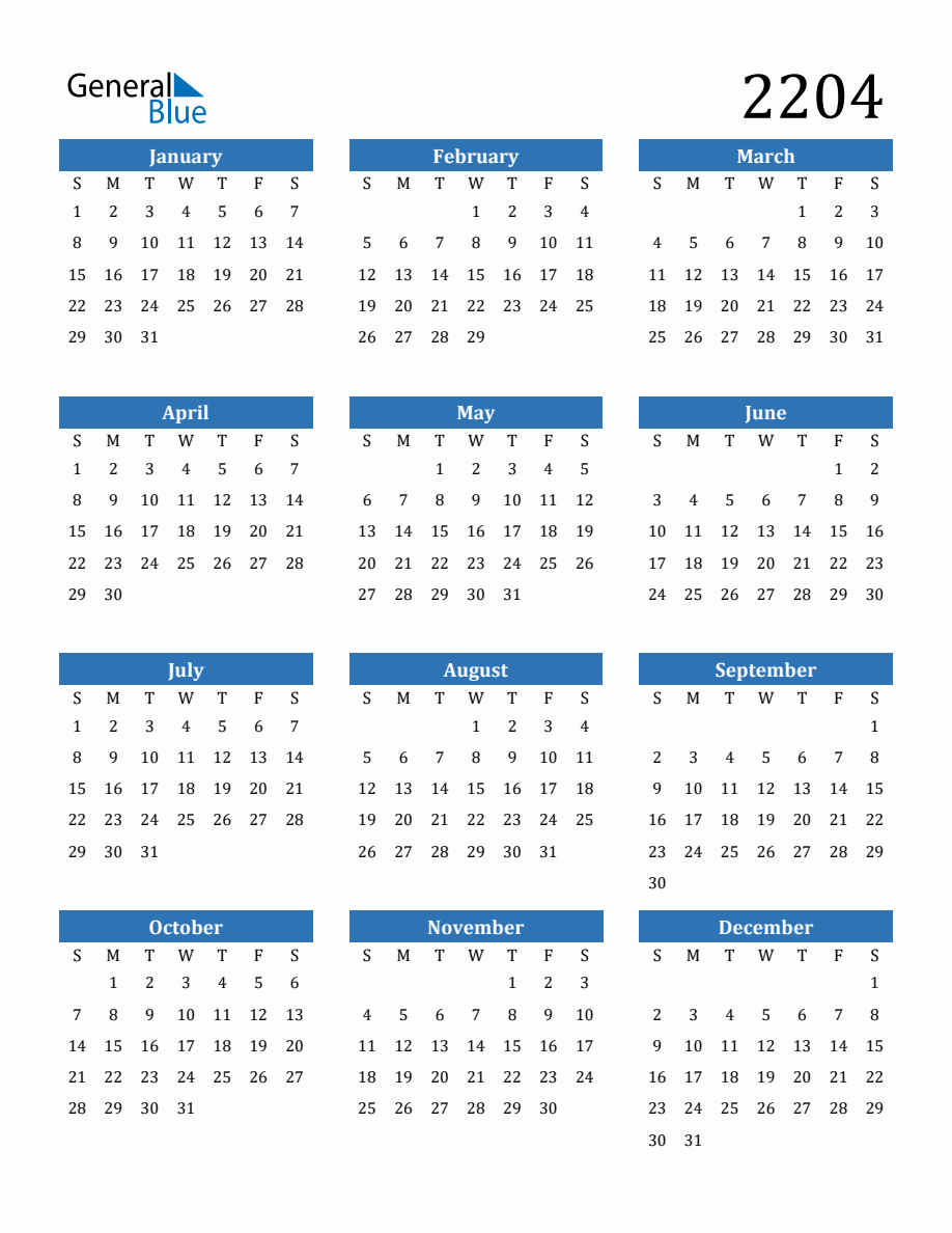 2204 Yearly Calendar