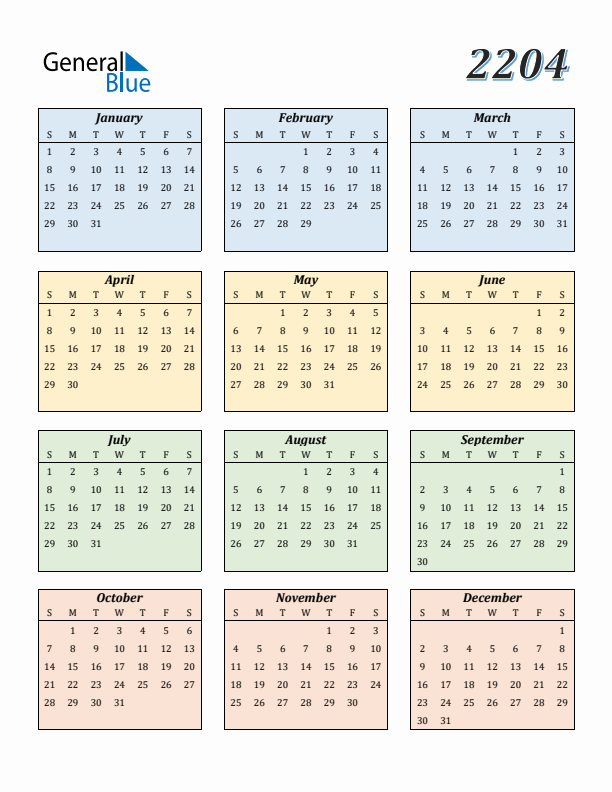 Calendar for 2204 (Sunday Start)