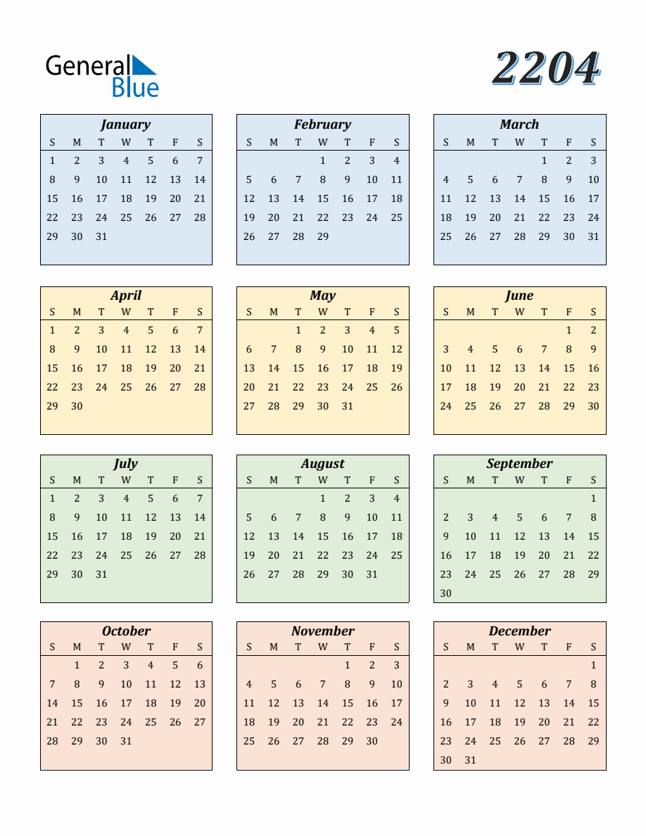 Calendar for Year 2204