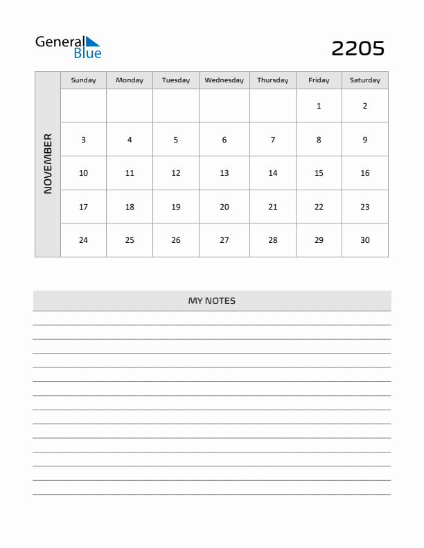 November 2205 Calendar Printable