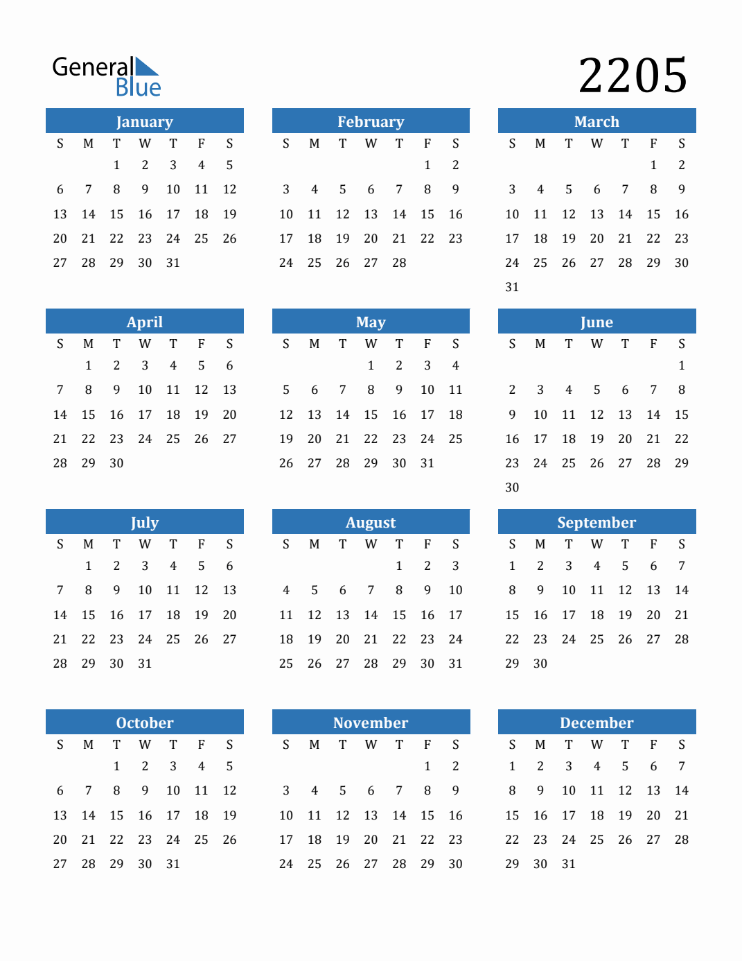 Free 2205 Calendars in PDF, Word, Excel