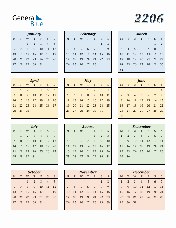 Calendar for 2206 (Monday Start)