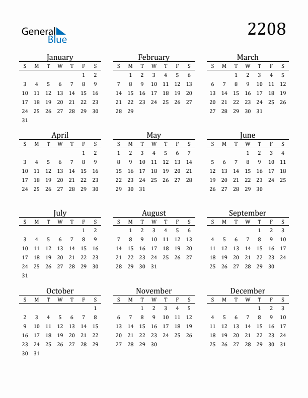 Free Printable Calendar 2208 with Sunday Start