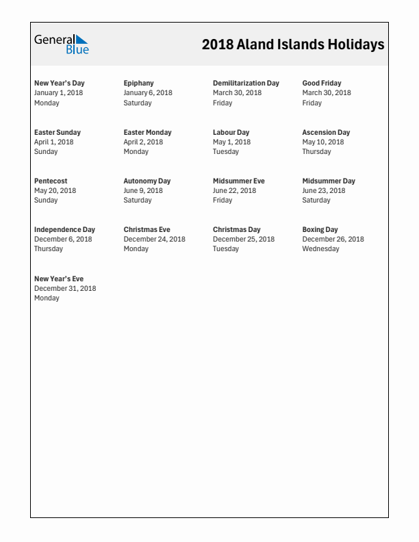 Free printable list of Aland Islands holidays for year 2018